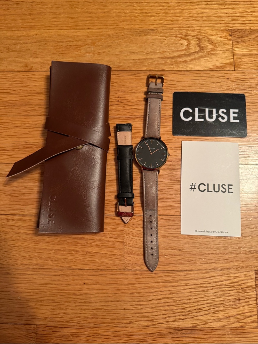 CLUSE Women's Gray Leather Bracelet Watch with Rose Gold Accents
